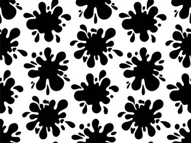 Siyah mürekkep lekeli kusursuz desen. Dağınık boya lekeleri ve damlaları ile vektör arkaplanı tekrarlanıyor. Elle çizilmiş Grunge soyut dokusu. İzole tasarım ögesi.