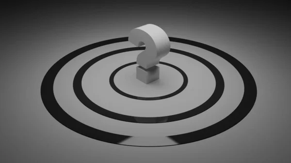 Bir soru işaretinin, katmanlı siyah eşmerkezli dairelerin ortasında duran, gizemi, belirsizliği sembolize eden ve cevap arayışını simgeleyen, stilize edilmiş bir üç boyutlu çizim..