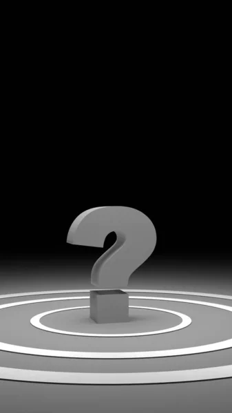 Siyah arkaplan gradyanı, şüphe, merak ve çözüm arayışını sembolize eden, parlayan eşmerkezli dairelere yerleştirilmiş gri bir soru işaretinin 3 boyutlu temiz bir canlandırması.