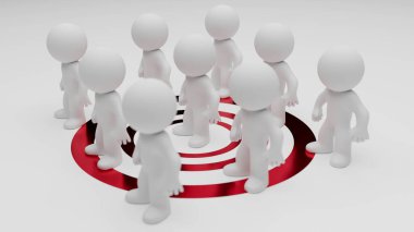 Kırmızı bir hedef çemberin üzerinde duran, hedefleri, başarıları ve odaklanmayı sembolize eden bir grup insansı figürü tasvir eden kavramsal bir 3D canlandırma.
