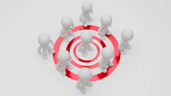 Kırmızı eşmerkezli bir çemberin etrafında duran insansı karakterleri gösteren, birlik, ortak hedefler ve işbirliğini simgeleyen biçimlendirilmiş bir 3D canlandırma..