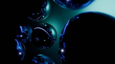 Süs gibi parlayan yansıtıcı deniz mavisi ve siyah küreleri olan koyu soyut bir arka plan, şenlikli dijital projeler, modern Noel selamlamaları veya şık mevsimsel grafikler için ideal.