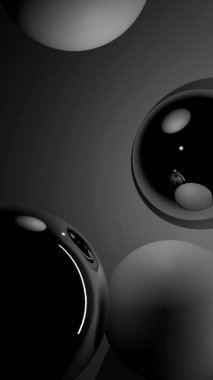 Pürüzsüz, siyah ve beyaz kürelerin modern tasarım, duvar kağıdı, dijital sanat eseri veya şık minimal projeler için uygun olduğu soyut bir dikey arkaplan..