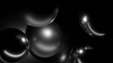 Tek renkli şekillerde parlayan ve parıldayan üç boyutlu küreler içeren yatay bir arkaplan çizimi, koyu bir gradyanın üzerinde yüzer, fütürist duvar kağıtları veya yaratıcı tasarım projeleri için idealdir.