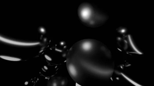 Parlak siyah kürelerin geniş yatay yansıması karanlık bir arkaplan karşısında düzenlenerek ışık ve gölge kontrastı ile fütüristik soyut bir kompozisyon oluşturur..