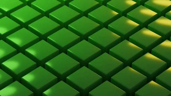 Yansıtıcı yeşil küplerin stilize edilmiş üç boyutlu tasarımı perspektifte hizalanarak, dijital sanat eserlerinde veya stok tasarımında kullanmak için parlayan renklerle metalik bir yüzey dokusu oluşturur..