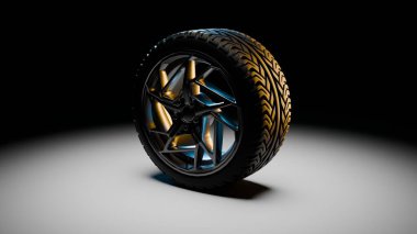 Plastik deseninden yansıyan altın aksanlı yumuşak ışıklı nötr bir yüzeye yerleştirilmiş 3 boyutlu bir otomotiv lastiğinin çizimi.