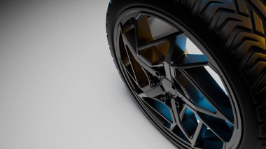 Karmaşık lastik desenini ve yansıtıcı röfleli fütüristik lastiğin metalik kenarını gösteren 3D yakın plan bir çizim..