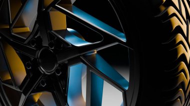 Metalik kolları ve koyu arkaplana yansıyan parlak gölgeleri olan gelecekteki bir araba tekerleğinin 3 boyutlu yakın plan görüntüsü..