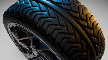 Yumuşak mavi ışıkla aydınlatılan altın aksanlı gelecekçi bir lastiğin cesur lastik desenini gösteren bir makro-yakın çekim 3D çizimi..