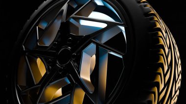 Fütüristik lastik kenarının yakın plan 3D görüntüsü ve lastik dizaynının altın yansımaları ve koyu fütüristik tasarımı..