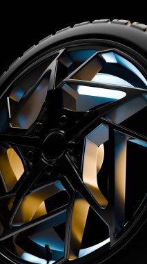 Gösterişli sarı ve mavi röfleli parlak siyah alaşımlı tekerlek kenarının ayrıntılı makro çizimi modern tasarım, metalik kaplama ve fütüristik otomotiv tasarımı.