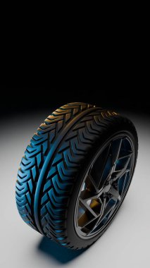 Dramatik ışıklandırmanın altına yerleştirilmiş alaşımlı tek bir modern araba lastiğinin üç boyutlu çizimi, mavi ve sarı röfleler, güçlü lastik desenleri ve tasarım veya reklam kullanımı için kopyalama alanı.