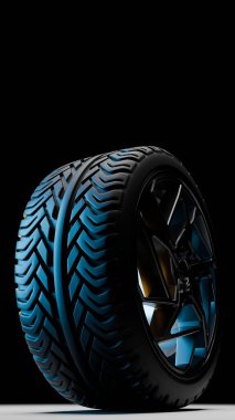 Alaşımlı kenarlı, detaylı lastik desenli modern bir araba lastiğinin yüksek kalite üç boyutlu çizimi ve stüdyo ışıklarının altında çarpıcı bir mavi ışıklandırmayla çarpıcı gölgelerle aydınlatılmış..