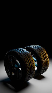 Üç boyutlu iki modern araba lastiği, yan yana duran alaşımlı jantlar, sarı ve mavi ışıklandırmayla aydınlatılmış, ayrıntılı lastik desenleri ve fütüristik tarzı gösteriyor..