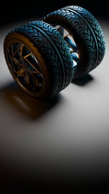 Hafif spot ışıkları altında yan yana yerleştirilmiş metal jantlı iki araba lastiği, lastik izleri, kıvrımlı şekiller ve modern otomotiv tasarımı hissi..