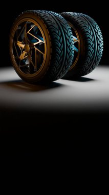 Detaylı alaşımlı jantları olan üç boyutlu çizimler, spot ışıklarında dik konum, parlak yüzeyler, lastik derinliği ve dramatik renkli ışıklandırmayla aydınlatılmış..