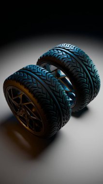 Çapraz dizilmiş alaşım jantlı, çarpıcı ışıklandırma, görünür lastik izleri ve reklam veya tasarım için boş fotokopi alanı ile aydınlatılmış üç boyutlu iki modern araba lastiğinin görüntüsü.