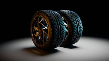 Yatay olarak yerleştirilmiş alaşımlı jantları olan üç boyutlu modern otomotiv tekerlekleri, parlak yüzeyler, gerçekçi gölgeler ve yerde dramatik stüdyo yansımaları..