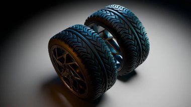 Düz bir yüzeyde çapraz olarak düzenlenmiş alaşım jantlı iki araba lastiğinin üç boyutlu stilize edilmesi, spot ışığı aydınlatması, basamak derinliği ve metin için boşluk ile metalik kenar detayını vurgular.