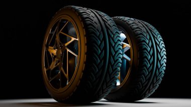 Yumuşak stüdyo ışıklandırması, detaylı lastik dokusu ve metalik yansımaları altında birleştirilmiş alaşımlı jantları olan üç boyutlu iki dik araba lastiği modern otomotiv tasarımını vurguluyor..