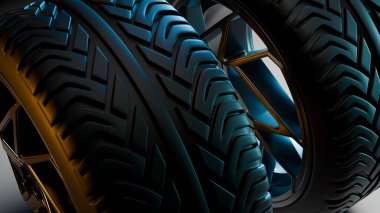 Üç araba lastiğinin makro görüntüsü detaylı lastik desenleri, parlak yan duvarlar ve dramatik bir şekilde altın ve mavi ışık altında metalik alaşımlı jantlar gösteriyor..