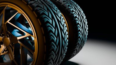 Arka arkaya dizilmiş üç araba lastiğinin detaylı üç boyutlu tasarımı, altın alaşımlı jantlar ve bir stüdyo ortamında mavi ve altın renkli ışıklandırma efektleriyle aydınlatılmış keskin lastik tasarımı..