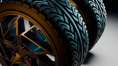 Arka arkaya altın alaşımlı jantları olan 3 boyutlu araba tekerlekleri, lastik yüzeyinde mavi röfleler ve sahne ışıkları çarpıcı yansımalar yaratıyor..