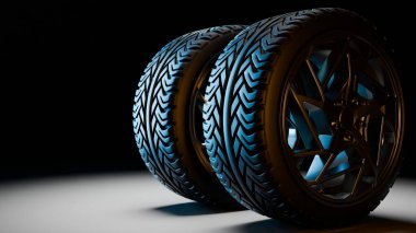 Yanyana alaşımlı jantları olan 3 boyutlu çizimler, mavi ve altın ışıklarla aydınlatılmış lastik desenleri, parlak yüzeyler ve geleceksel tasarım..