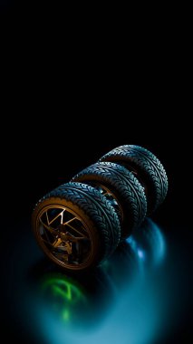 Altın alaşımlı jantlı iki araba tekerleği, parlak siyah yansıtıcı zemin üzerinde dikey bir yığın halinde, yumuşak mavi aksanlı aydınlatma ve parlak bir stüdyo hissi ile düzenlenmiştir.