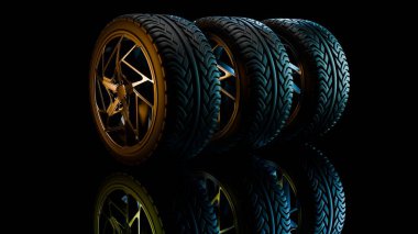 Altın alaşımlı jantlı üç araba tekerleği siyah yansıtıcı bir yüzey üzerinde duruyor. Mavi ışık yüksek kontrastlı bir otomotiv stüdyosu yaratıyor.