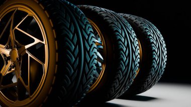 Detaylı lastik desenleri ve parlak altın alaşımlı jantları olan modern siyah lastikler karanlık bir stüdyonun arka planında yan yana dizilmiş..