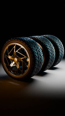 Bağlı araba lastiklerine sahip altın alaşımlı kenar siyah arka planda güçlü spot ışıkları altında gösterilir. Lastik izleri ve parlak metalik detaylar vurgulanır..