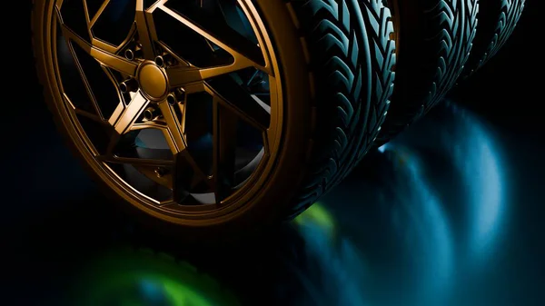 Siyah lastiklere monte edilmiş altın alaşımlı jantlar koyu parlak bir yüzeye yerleştiriliyor. Yumuşak mavi ve yeşil yansımaları parlak, modern bir otomotiv görüntüsü veriyor.