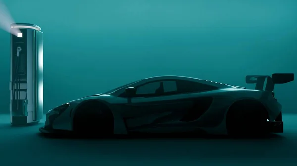Fütüristik elektrikli bir süper araba, stüdyo ortamında dramatik deniz mavisi ışıklandırması ve temiz minimum tasarımı olan modern bir şarj istasyonunda park halindedir..
