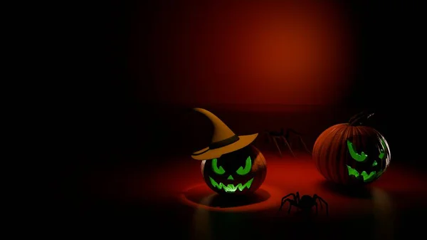 Işıldayan yeşil ışıklı iki balkabağı ve koyu kırmızı arka planda dinlenen bir cadı şapkası. Tasarım, mevsimsel Cadılar Bayramı metni ve festival kullanımı için geniş bir telif alanı sağlıyor.