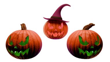 Cadılar Bayramı balkabakları içinde cadı şapkalı ve beyaz arka planda parlayan iki balkabağı olan ürkütücü bir Jack O feneri de var. Tatil projeleri için şenlikli yaratıcı tasarım.