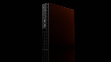 Portakal rengi parlak ışık yansıması olan modern bir ISP sunucu bilgisayarının profesyonel 3D görüntüsü. Donanım teknolojisi nesnesi iş bilişim projeleri için siyah arkaplan üzerinde sunulmaktadır.