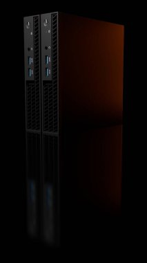 İki modern ISP sunucu kulesinin üç boyutlu görüntüsü turuncu yansımalarla yan yana yerleştirilmiş. Donanım teknolojisi kavramı bilişim projeleri için siyah arkaplanda izole edilmiştir.