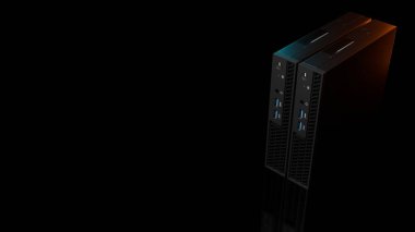 Metalik çanta ve mavi ışık parıltısıyla açılı üstten gösterilen bir ISP sunucu kulesinin 3 boyutlu çizimi. Teknoloji ve ağ tasarım projeleri için siyah arkaplanda izole edilmiş.