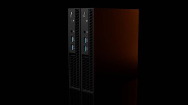 Metalik bitiş ve turuncu ışık yansıması ile birlikte duran iki ISP sunucu bilgisayarının 3D görüntüsü. Teknoloji donanımı iş ve bilişim kullanımı için siyah üzerine izole edilmiştir..