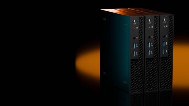 ISP sunucunun 3D görüntülemesi turuncu ve mavi parlayan ışıklarla perspektif görünümünde. Modern veri teknolojisi cihazları siyah arkaplanda izole edilmiştir..