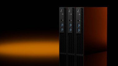 Çok sayıda ISP sunucu kulesinin üç boyutlu çizimi güçlü turuncu spot ışıkları ile sıralanmıştır. Profesyonel bilişim teknolojisi kopyalama alanı ile siyah üzerine izole edilmiştir..