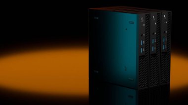 ISP sunucu kulelerinin yüksek kalite 3D görüntüsü mavi parlayan ışıklar ve turuncu spot ışıkları. Modern teknoloji donanımı kopyalama alanı ile siyah arkaplanda izole edilmiştir..