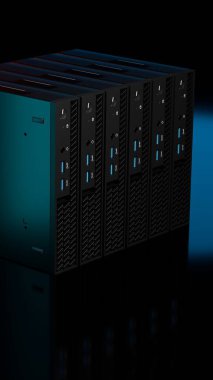 ISP sunucu kümesinin 3D görüntüsü parlayan mavi yansımalarla dikey olarak dizilmiş. Profesyonel veri donanımı IT ve ağ görselleri için siyah arkaplan üzerinde izole edilir.
