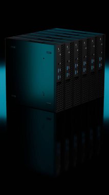 Parlak mavi ışıklı, küp şeklinde ISP sunucu düzeneği yüksek kalite 3D sunucu. Profesyonel bilişim teknolojisi donanımı kopyalama alanı ile siyah arkaplan üzerinde izole edilmiştir.