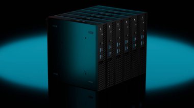 ISP sunucu kümesinin 3D görüntüsü mavi spot ışıklarıyla aydınlatılmış dikdörtgen bir blokta düzenlenmiştir. Teknoloji cihazları kopyalama alanı ile siyah arkaplan üzerinde izole edilir.