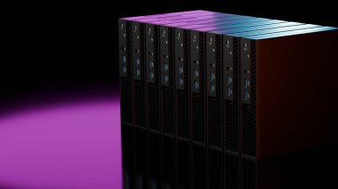 3D sunucular mor ışıkla aydınlatıldı ve parlak siyah bir yüzeye yansıtıldı. Modern bilişim veya bulut hesaplama görselleri için uygun gelecekçi stil teknolojisi çizimi.