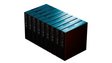 Beyaz arka planda izole edilmiş, deniz mavisi ve siyah desenli modern sunucuların 3D görüntülenmesi. IT, depolama, ağ oluşturma ve veri sistemi kavramları için uygun yüksek teknoloji öğesi.