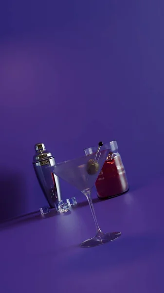 Mor zemin üzerinde martini bardağı, karıştırıcı ve kırmızı kokteyl bardağı olan üç boyutlu bir betimleme. Parti posterleri ve bar menüsü görselleri için mükemmel.